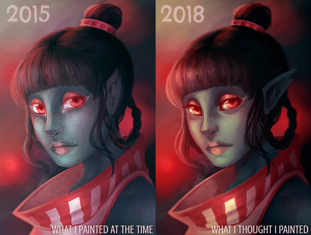 Ryuutsu's tweet image. Joining in on the #perceptiongap tag that @mioree_ started. 😊 I&apos;ve been running low on motivation as of late, trying to figure out what direction I want to push my art into, so I decided to revisit some old stuff and just mess around :D