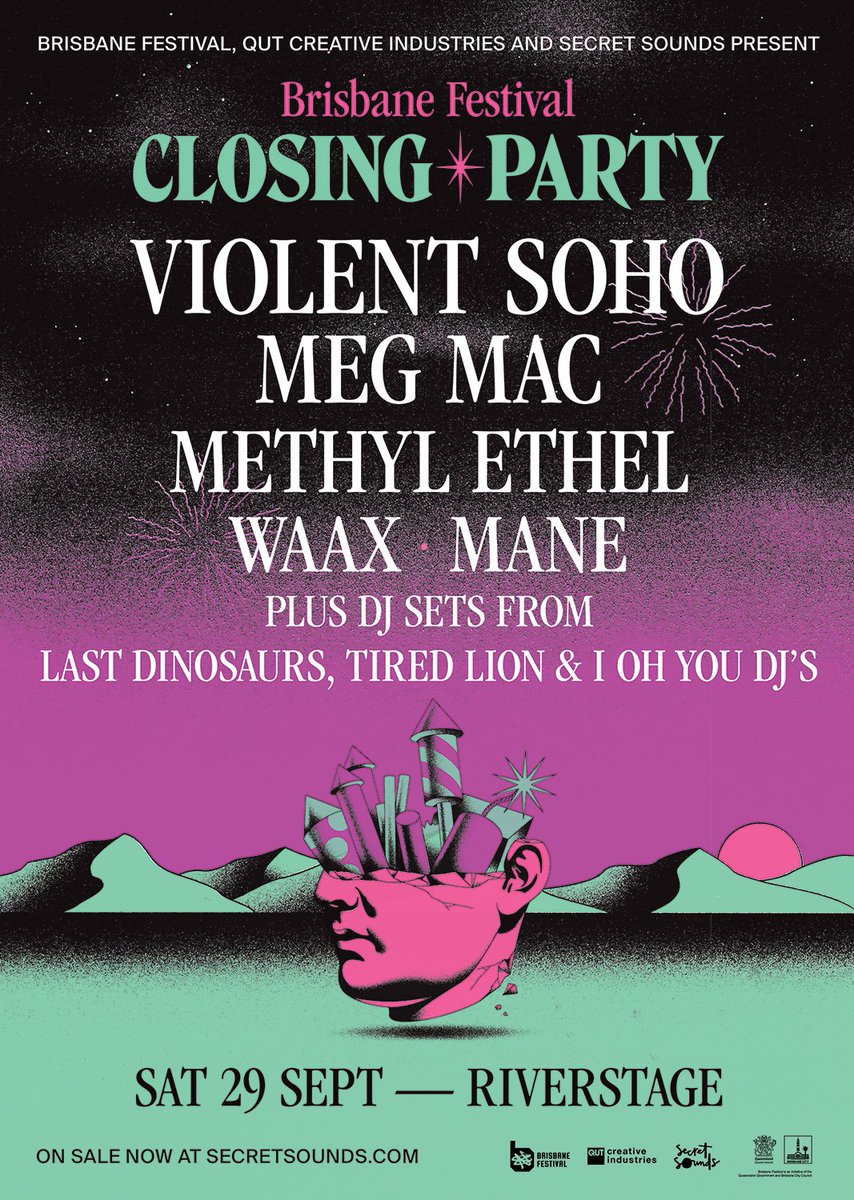 The best place in town to watch Brisbane's Sunsuper Riverfire just got even more cracking! 🎆 @violentsoho, @megmacmusic, @MethylEthel, @waaxband, MANE with DJ sets from @lastdinosaurs, @TiredLionBand + @iohyouforever Tickets: scrtsnds.co/BrisbaneFestCl…