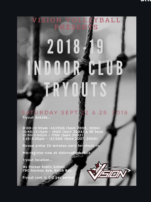 2018-19 Indoor Tryouts!!  All info including pre-registration on our website, visionvolleyball.ca