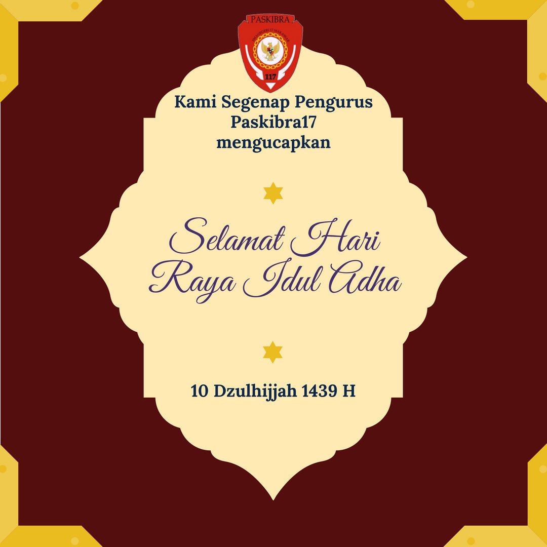 Taqabbalallahu minna wa minkum. Minal 'aidin wal faidzin. Kami mewakili segenap pengurus Paskibra SMAN 17 Makassar mengucapkan selamat hari raya Idul Adha.

Mohon maaf atas segala kesalahan dan kekurangan dari kami. Semoga kita senantiasa mendapat perlindungan dari Allah Swt.