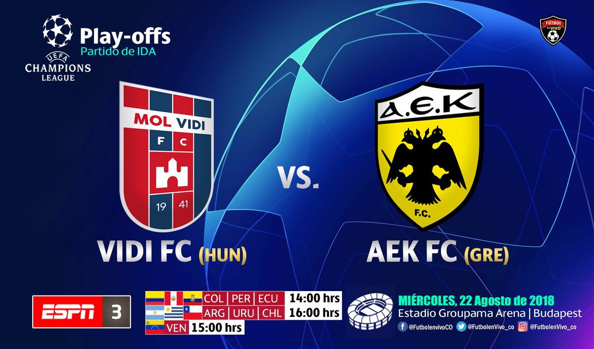 movisportsla's tweet photo. MIÉRCOLES 📺▶#ChampionsxESPN
#VidiFC 🇭🇺 🆚 🇬🇷 #AEKAtenas
Relata:🎙 @Jorge_BarriL
Comenta:🎙 @fcanepa10
#ChampionsLeague #UCL ⚽🏆 https://t.co/Spc6JAf9Fv