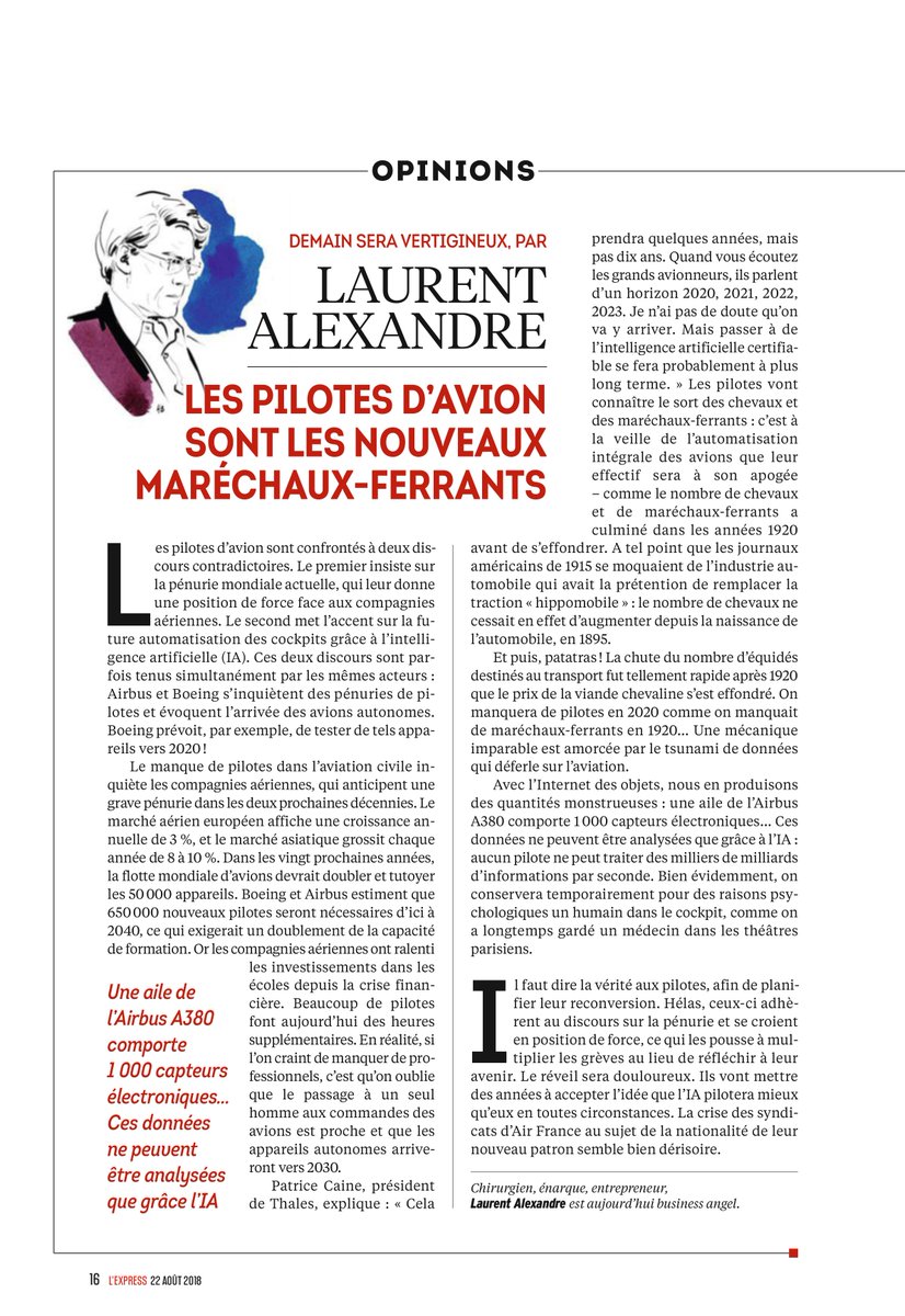👨🏻‍✈️ vs 🤖

LES PILOTES D'AVION SONT LES NOUVEAUX MARÉCHAUX-FERRANTS

"Les pilotes vont connaître le sort des chevaux et des maréchaux-ferrants : c'est à la veille de l'automatisation intégrale des avions que leur effectif sera à son apogée"

#IA #Avion #Pilotes #AirFrance