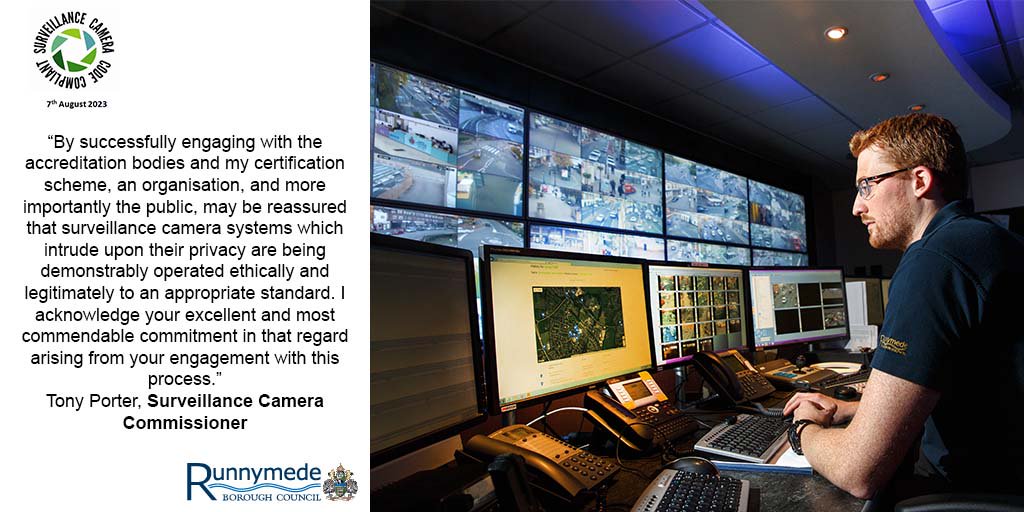 The team of local people operating the CCTV across the borough from the control room in Addlestone has been recognised by the @surcamcom as operating to the highest national standards. More at runnymede.gov.uk/article/16203/…