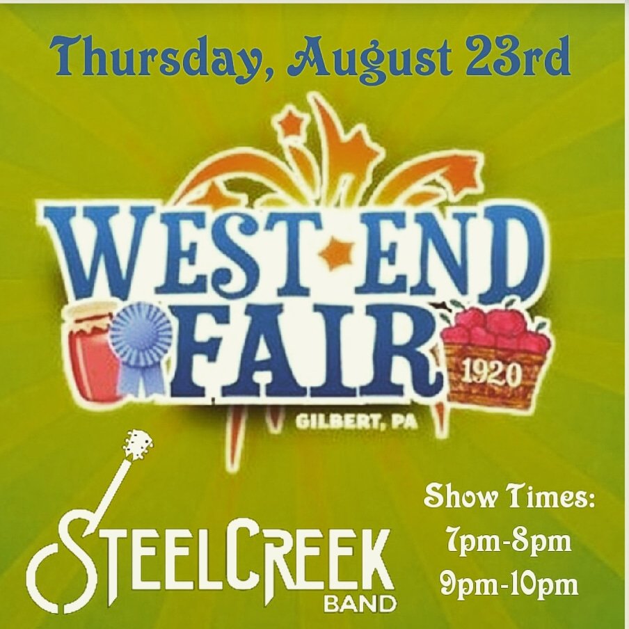 Looking forward to playing the main stage at the fair I grew up coming to: The West End Fair!
We will be playing 2 hour long shows at 7pm & 9pm. Weather looks beautiful! #SteelCreekBand #SCrockscountry #CountryMusic #JeniHackettMusic #LiveShow #LineDancing #WestEndFair #GilbertPA