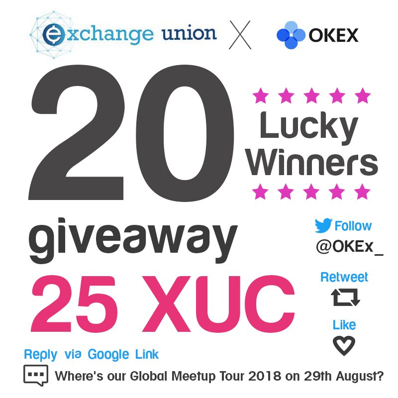 okx's tweet photo. 🎲OKEx GIVEAWAY!
A chance to win 25XUC!

🎯How to Enter
1. Follow @OKEx_
2. Like &amp; Retweet
3. Submit your response to the question at https://t.co/pBNjkjW2Tq

🏆Prize
Join now until Aug 29, 20 random winners will be selected on Aug 31 https://t.co/6NlrwoYfNX