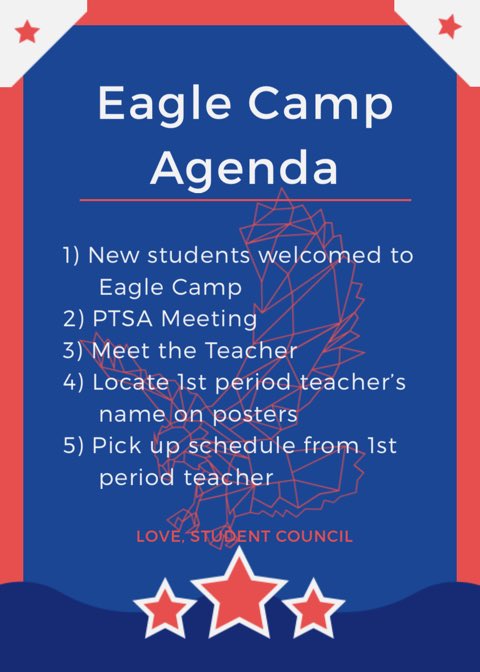 stuco_VMHS's tweet photo. Here’s the schedule for Eagle Camp! Don’t forget it’s on August 23 @ 4❗️Be there or be 🔲 https://t.co/CjpCc4J3aJ
