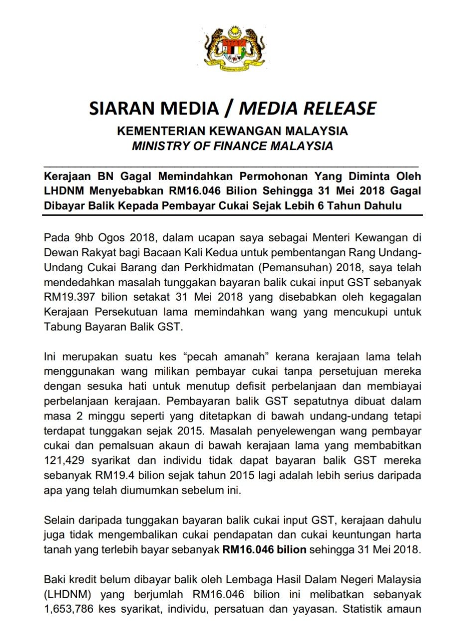 Bfm News On Twitter Other Than Not Returning The Gst Refunds The Previous Government Had Also Not Refunded The Excess Income Tax And Real Property Gains Tax Paid By Taxpayers Totalling Rm16 046