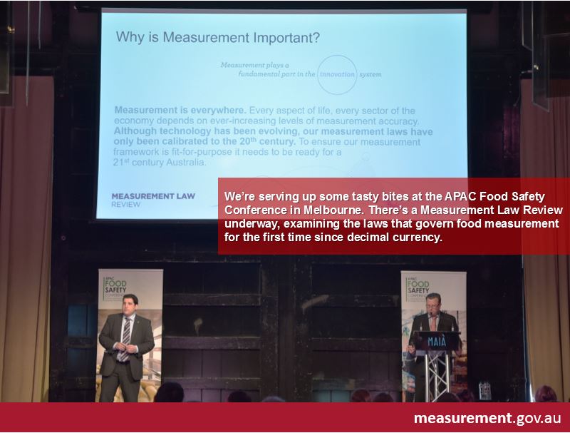 NMIAustralia's tweet photo. We’re serving up some tasty bites at the APAC Food Safety Conference #AFSC2018 in Melbourne. There’s a Measurement Law Review underway, examining the laws that govern food measurement for the first time since decimal currency. https://t.co/GG9LRixf77