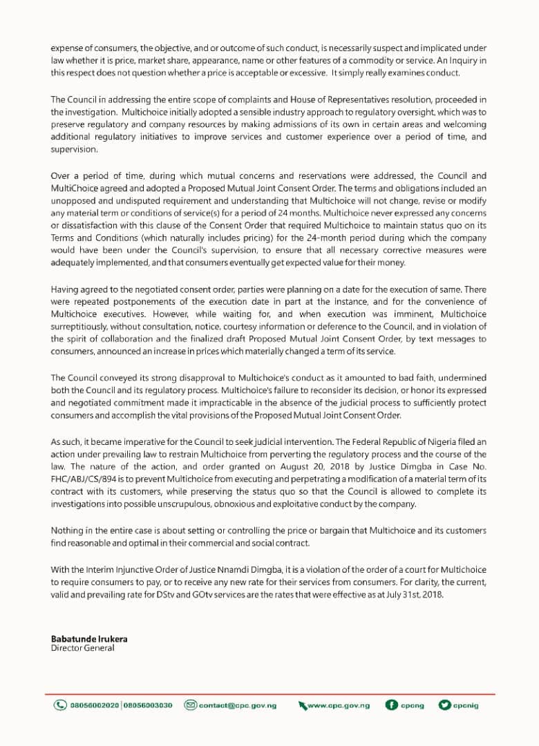 fccpcnigeria's tweet photo. DG's Media Statement: Court Grants Interim Order Prohibiting Increase in DStv or GOtv Subscription Rates Pending Further Hearing and Order of Court
@NGRPresident @MBuhari https://t.co/wiVSOF71H6