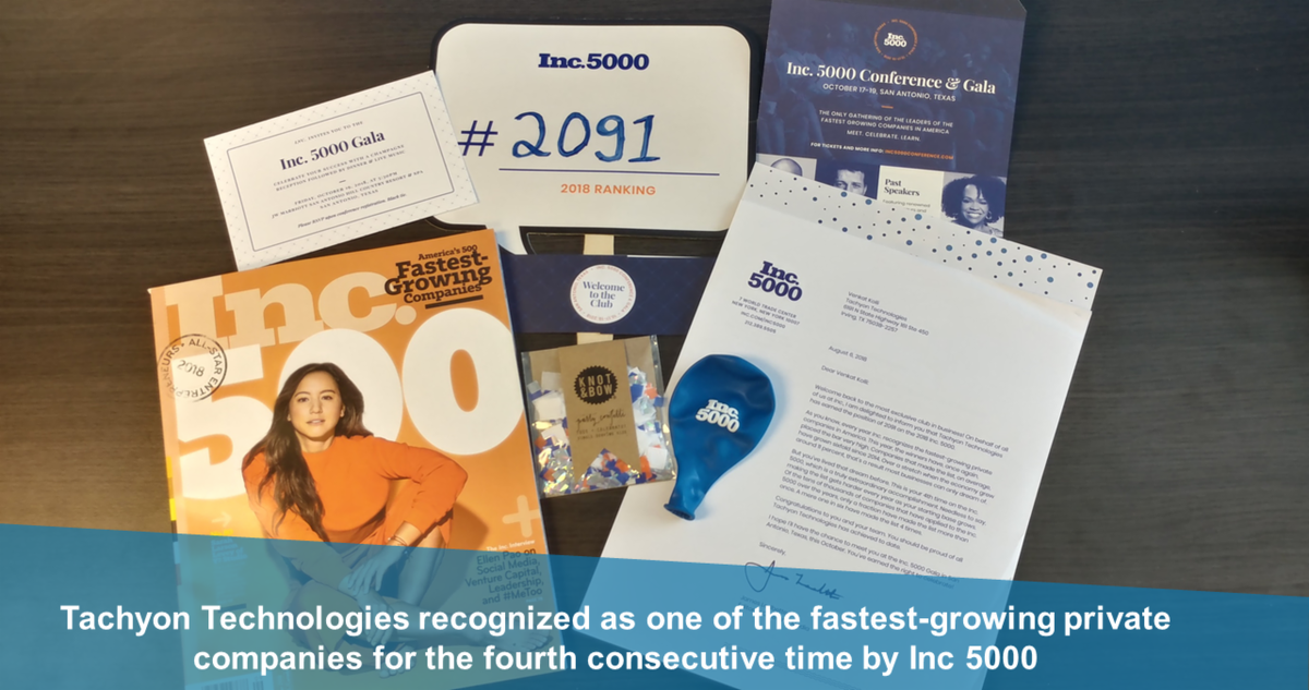 Inc 5000 has recognized Tachyon Technologies as one of the fastest-growing private companies for the fourth consecutive time. Read more here - bit.ly/2Lhd5jX

#inc5000 #tachyontechnologies