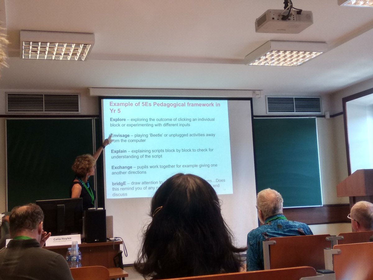 GriziotiMarian's tweet image. Celia Hoyles presenting the 5Es pedagogical framework #Constructionism2018 #scratchmaths
