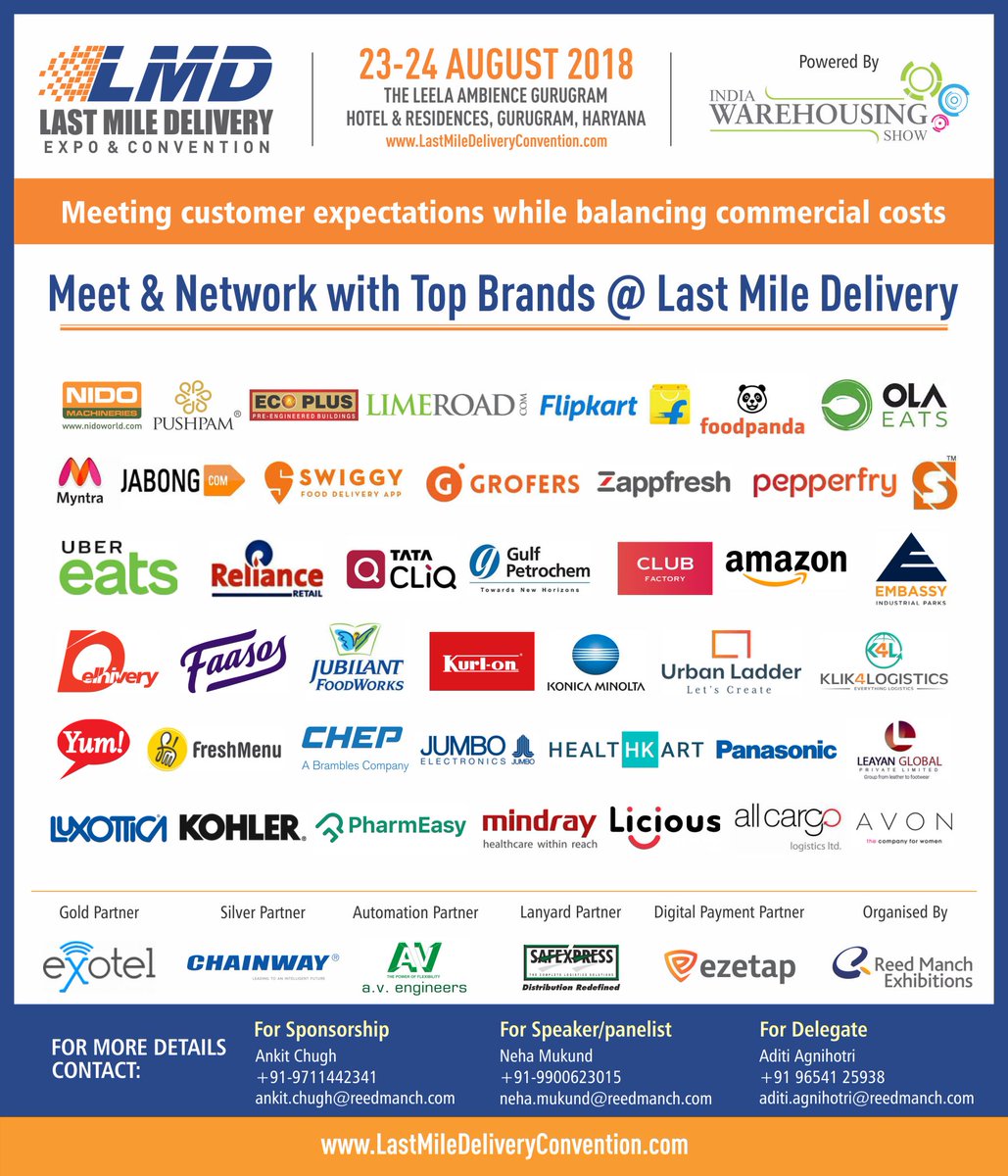 Network with companies like Amazon, Flipkart, Devyani International, Grofers <a href="/LMD_Expo/">@LMD</a> 2018, 23-24 Aug. To attend visit lastmiledeliveryconvention.com 
#lastmile #conference #retail #logistics #supplychain #ecommerce
#foodbeverages #fooddelivery #customersatisfaction #LMD2018
