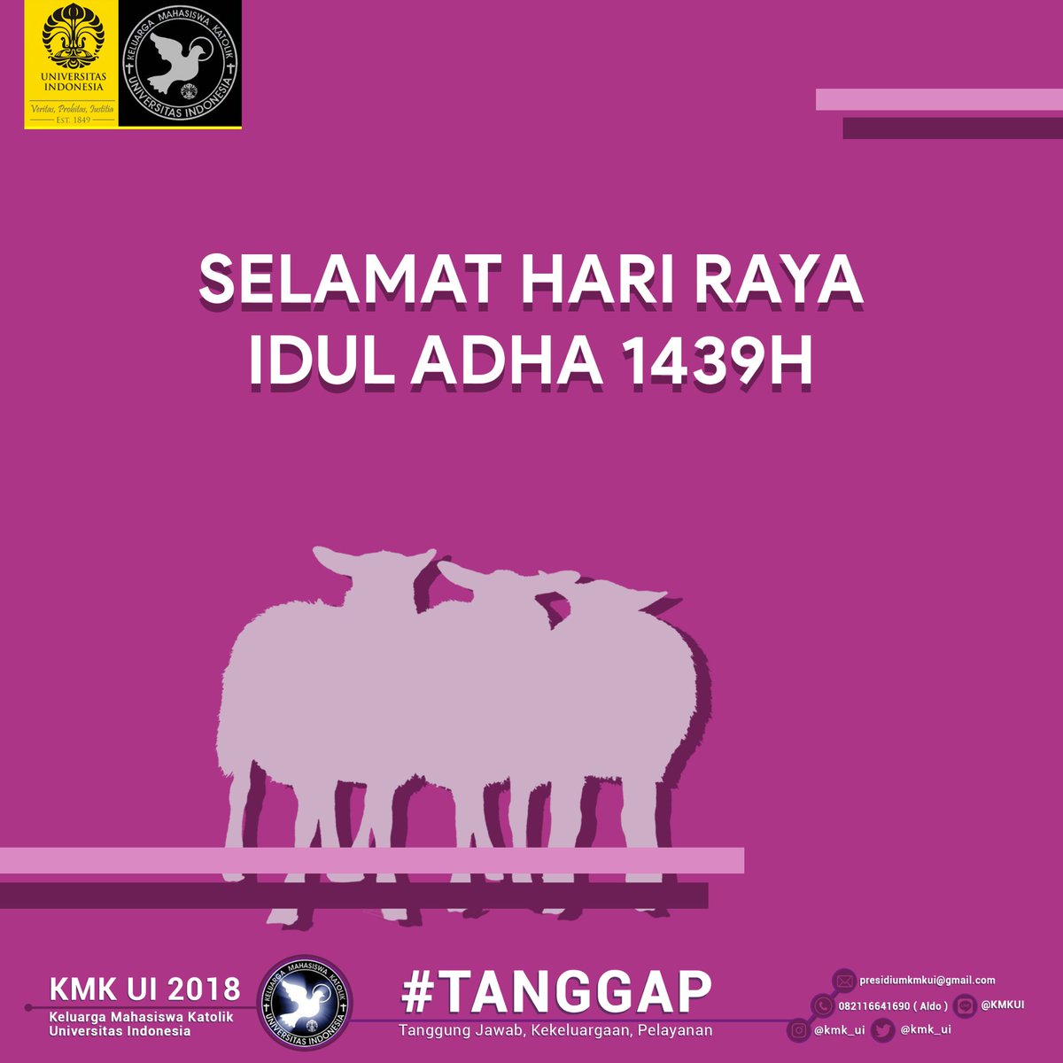 [IDUL ADHA]

KMK UI mengucapkan Selamat Hari Raya Idul Adha bagi teman-teman yang merayakan. 

Semoga Hari Raya Idul Adha ini dapat membawa semangat pengorbanan dalam diri kita semua. 🙏

KMK UI 2018
#TANGGAP
#TanggungJawabKekeluargaanPelayanan