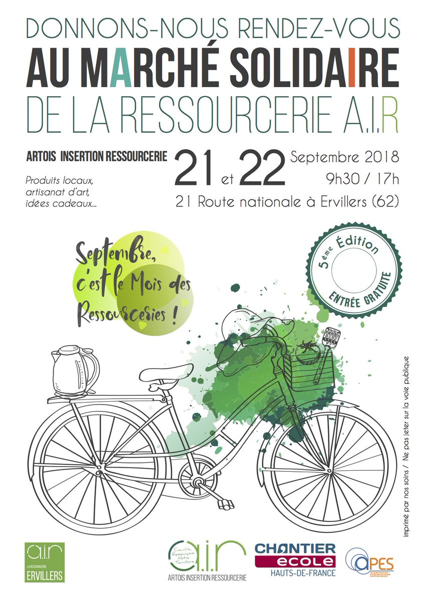 L’asso Air accueil le vendredi 21 et le samedi 22 septembre au  sein de la #Ressourcerie d’Ervillers des exposants venus des  Hauts-de-France. Retrouvez des  producteurs @bio, #vêtements, #bijoux, #savons, Artisan du Monde, Il y en aura pour tous les goûts, venez nombreux !