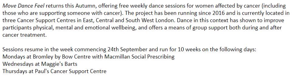 LAHArtsHealth's tweet photo. #MoveDanceFeel returns this Autumn, offering free weekly dance sessions for women affected by cancer (including those who are supporting someone with cancer) - No prior dance experience is necessary https://t.co/XoaO0p2UAf https://t.co/lwpb1Obmk6