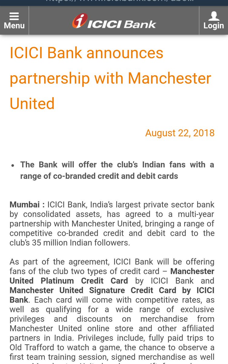 UllalIBT's tweet photo. Meanwhile, Manchester United announce partnership with ICICI Bank. https://t.co/2Dr6dXkiCh