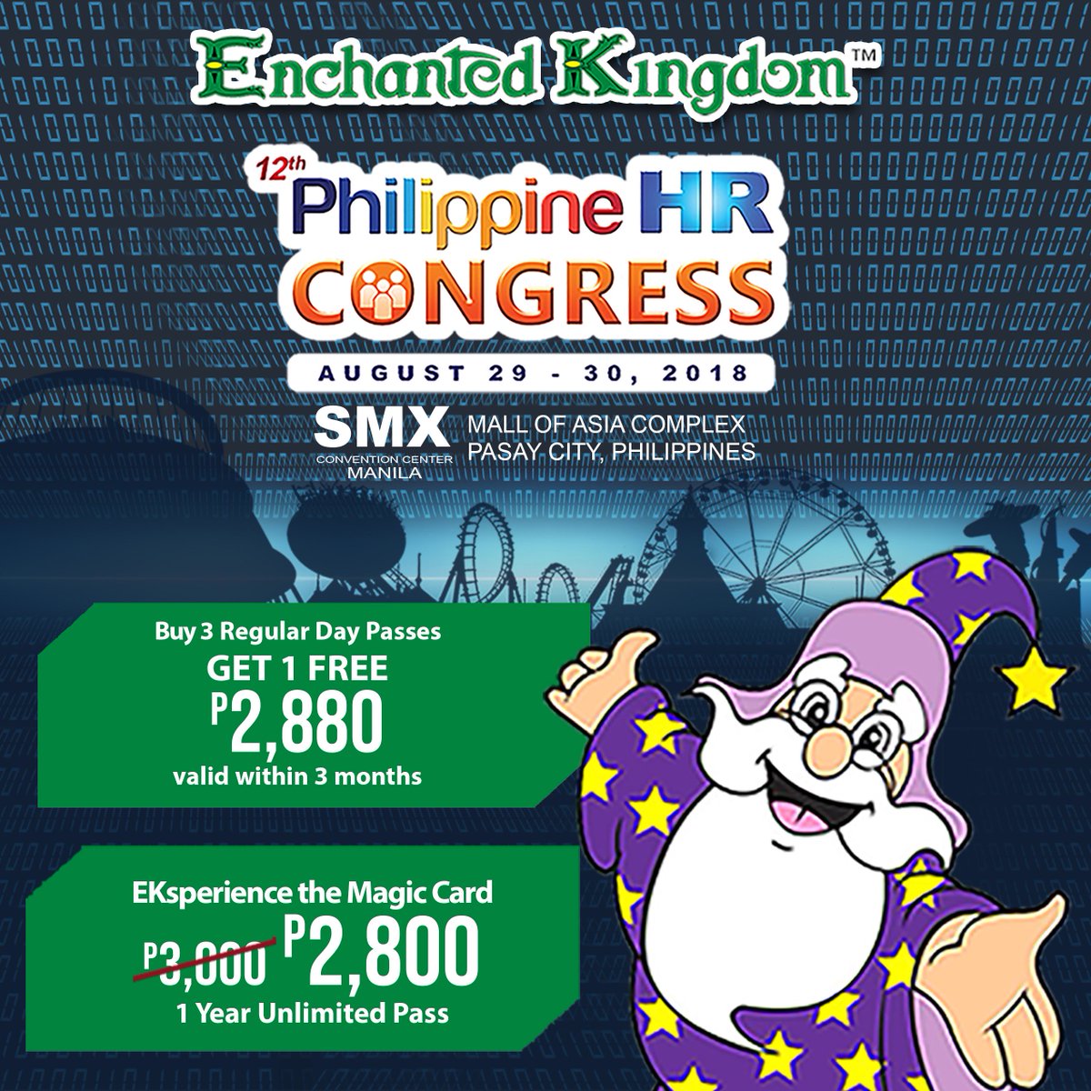 ek_philippines's tweet photo. We'll be at the 12th #PhilippineHRCongress!! #CatchEldar from August 29-30, 2018 at the SMX Convention Center Manila, Mall of Asia Complex and avail of these special #EnchantedKingdom offerings!
#iloveEK #OffsitePromos #PHRC2018 https://t.co/7OxCc8KMV0