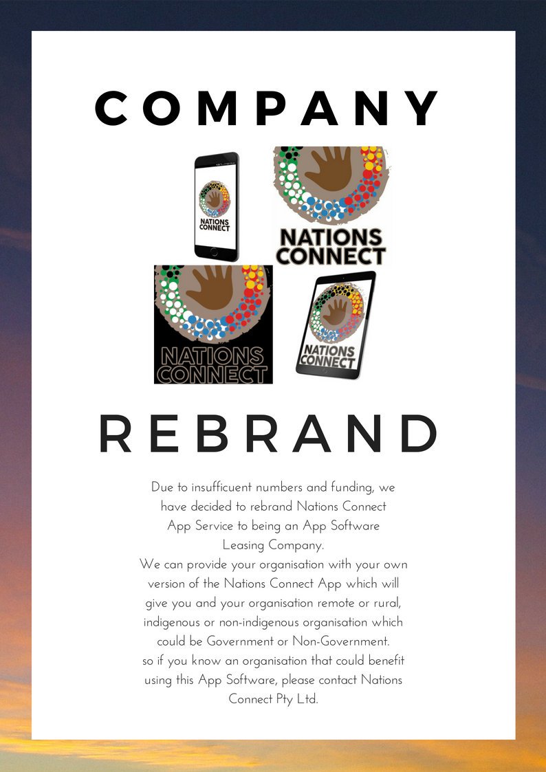 We have decided to rebrand Nations Connect App Service to an App Software Leasing Company.
Your organisation can own your own version of the Nations Connect App. So if you know an organisation that could benefit using this App Software, please contact Nations Connect Pty Ltd.