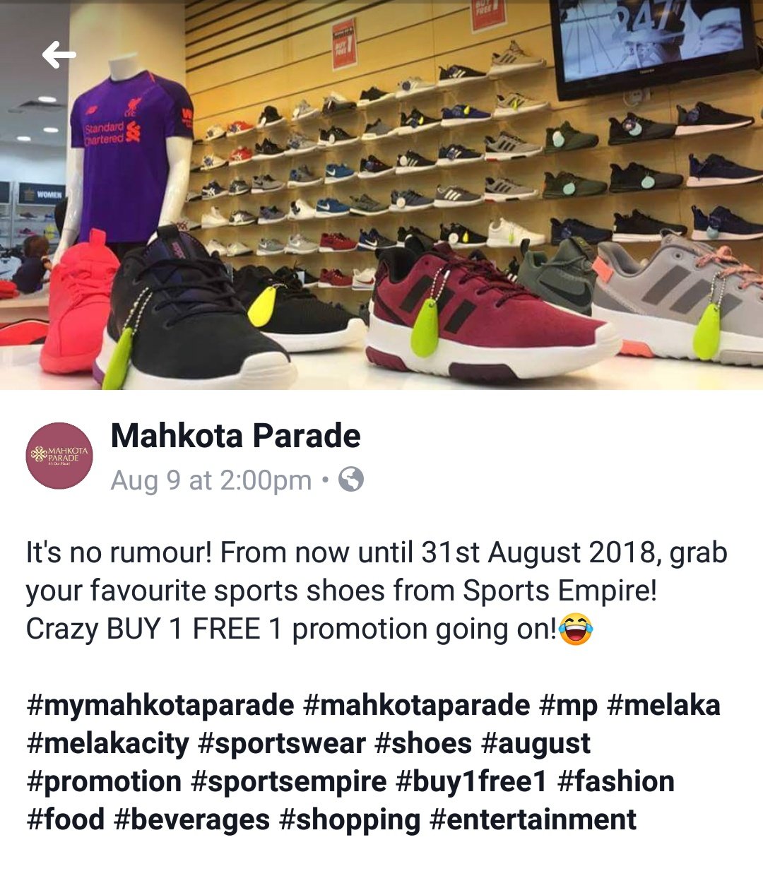 Pemburu Tiket Murah On Twitter Sesiapa Yang Berada Di Sekitar Bandar Melaka Sekarang Cepat Serbu Sports Empire Mahkota Parade Sports Empire Tengah Buat Clearance Sale Sampai 31 Ogos Nak Cari Kasut Sukan