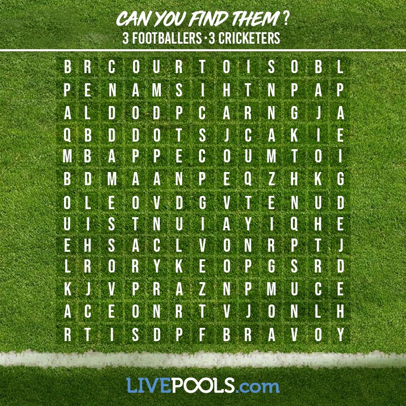 Livepools Com There Are 3 Cricketers And 3 Footballers In Word Search Hint Look For Surnames Livepools Cricket Football Soccer Puzzle Win Wordsearch Sports Sportspuzzle T Co Biz5rxeuge