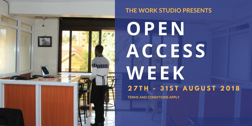 TheWorkStudio_'s tweet image. We are excited to announce #OpenAccessWeek at @TheWorkStudio_. We are opening our doors to you to try out our work space at NO COST. If interested, like or RT this post and we'll DM with more details. We are located along Kisaasi - Kyanja road and look forward to seeing you soon!