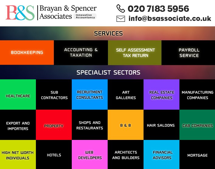 Brayan & Spencer Associates: A single source #BusinessService Provider for #Bookkeeping, #Accounting, #StatutoryCompliances, #TaxPlanning, #BusinessAdvice, #StartupAdvice, #FinancialService, #SME, #SelfEmployed.
Visit: bsassociate.co.uk

Call: 020 7183 5956 #ExpertAdvice