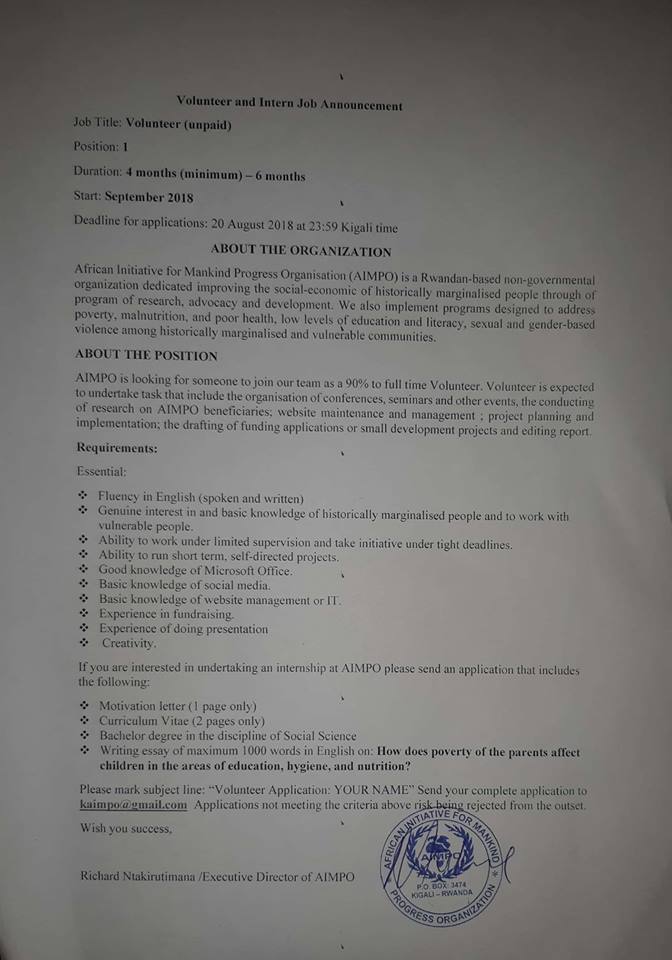 UNPOintl's tweet photo. The #African Initiative for Mankind #Progress Organisation (AIMPO) in #Rwanda is looking for a #volunteer! A great opportunity for anyone interested in improving socio-economic conditions for marginalised communities in Rwanda, the deadline has been extended to 30 September. https://t.co/04b7DSaKPd