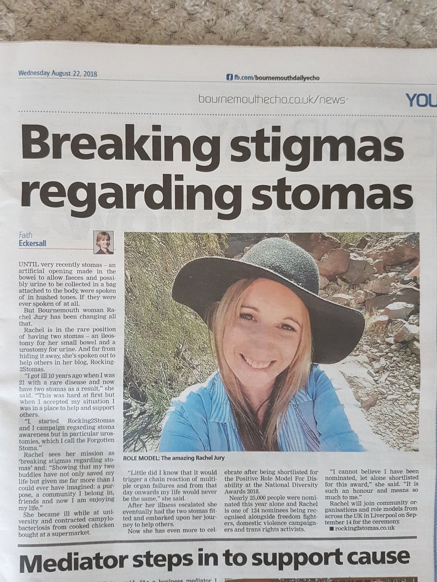 rocking2stomas's tweet photo. Thank you @Bournemouthecho for publishing the work I do and being shortlisted for the @ndawards 'positive role model for disability'. The awards ceremony will take place on the 14th September #NDA18 #OstomyCommunity #Rocking2Stomas #UrostomyAwareness @RBCH_NHS @Neil_Cowan_ https://t.co/V4vSXTIGRr