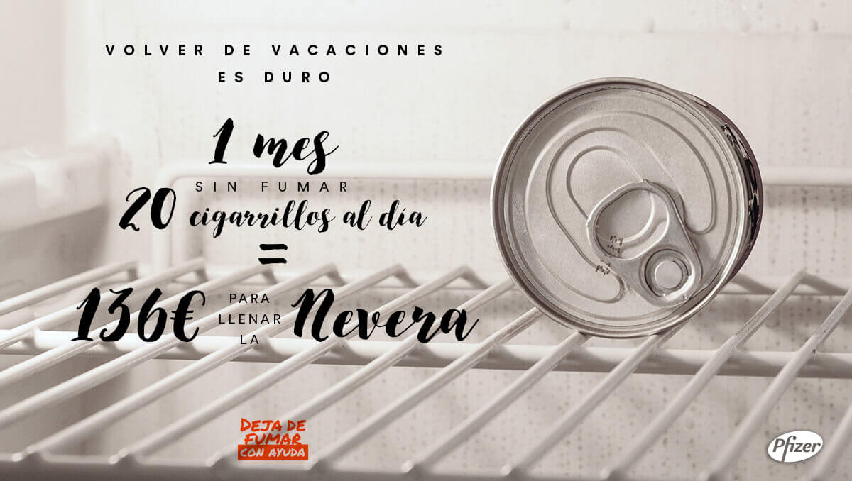 pfizer_spain's tweet photo. 1 mes sin fumar 20 cigarrillos al día equivale a 136€ para llenar la nevera después de vacaciones. Siempre es buen momento para #DejarDeFumar con ayuda de tu médico https://t.co/gIAwtTacrE https://t.co/JaD38emlhj