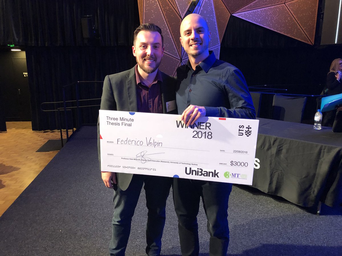 AlexBex87's tweet photo. So stoked to have been part of the judging panel for the #3MinuteThesis competition this year! And glad to have awarded the first prize to another Italian researcher! Good luck  for the finals at UQ, Federico!#UTS3MT #UTSideas @UTS_GRS @UTSEngage @UTSFEIT https://t.co/b7XNjdtIkT