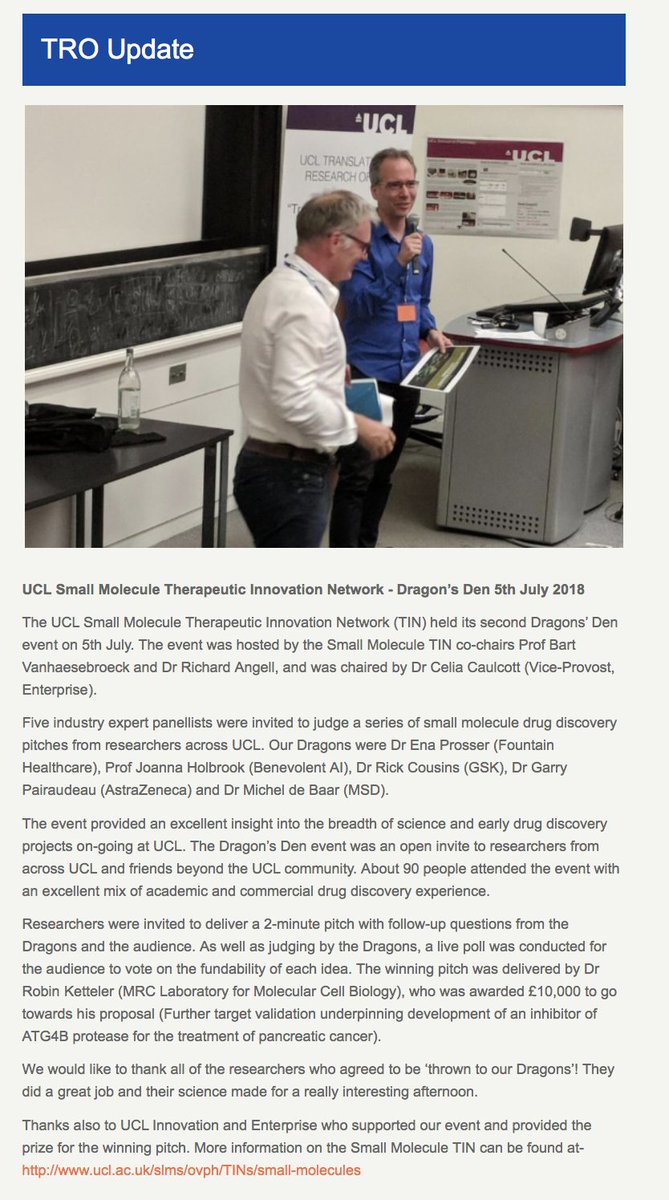 LMCB_UCL's tweet photo. The winning pitch by @TRRC_LMCB Robin Ketteler at the UCL Small Molecule Therapeutic Innovation Network - Dragon’s Den is highlighted in the recent @ucl_slms Bulletin. Robin was awarded £10,000 towards target validation underpinning the development of pancreatic cancer treatment. https://t.co/tNeZOA5uJx