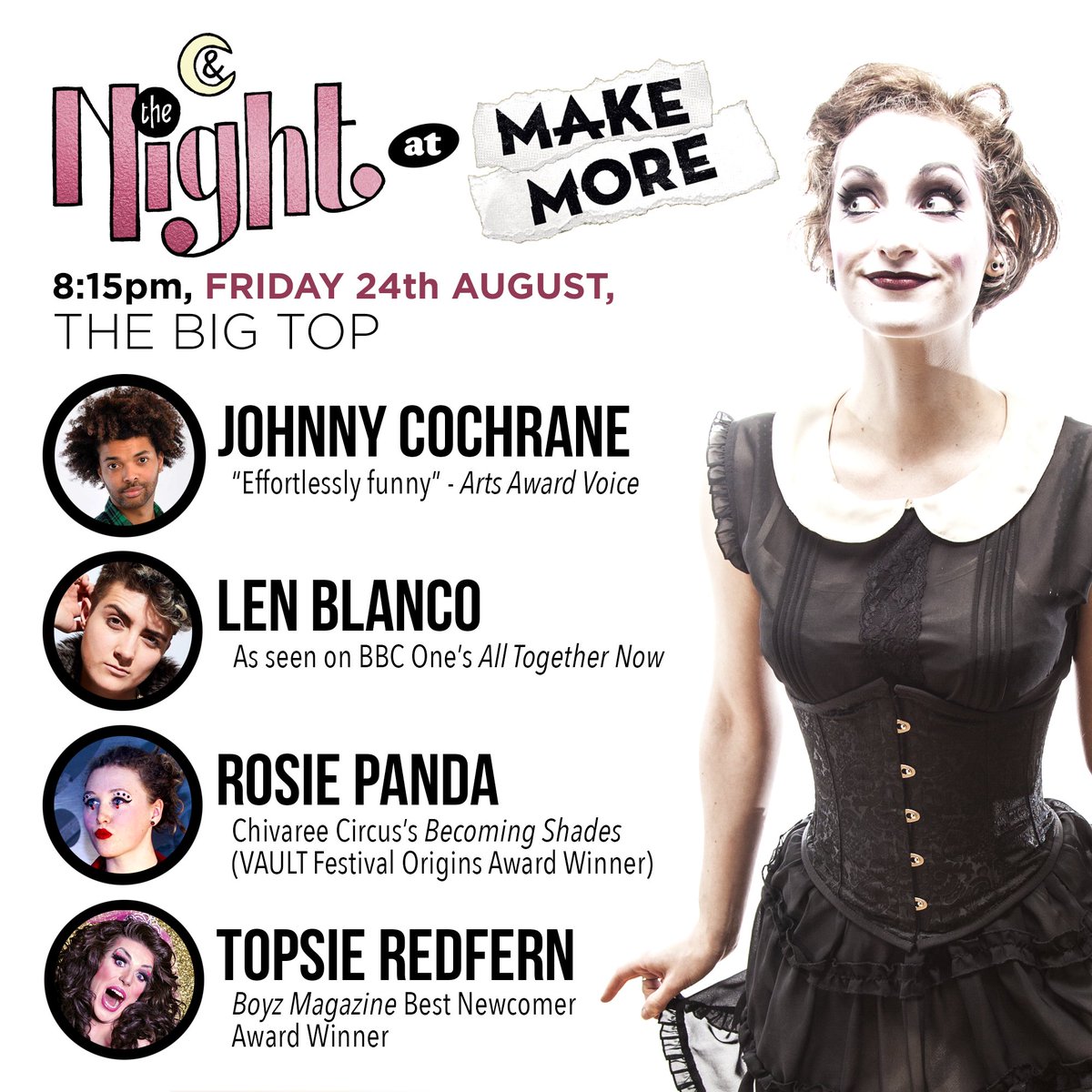 We can finally announce our full FRIDAY NIGHT LINE-UP for THE NIGHT at <a href="/MAKEMOREfest/">MAKEMORE</a>! We've got juggling, comedy, a drag queen AND a drag king! Get your festival tickets at makemore.art
