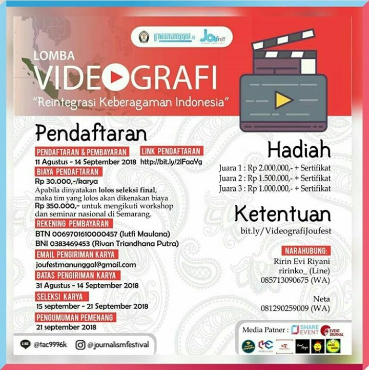 ShareEvent_'s tweet photo. #ShareEvent @journalismfestival
.
.
[LOMBA VIDEOGRAFI, INFOGRAFIS DAN FOTOGRAFI]
.
Ririn: ririnko_ (LINE)/ 085713090675 (WA)
Neta: 081290259009 (LINE/WA)
__________________

Line: @tac9996k
Instagram: @journalismfestival

JOURNALISM FESTIVAL 2018
Reintegrasi Keberagaman Indonesia https://t.co/uvPmAiG77X