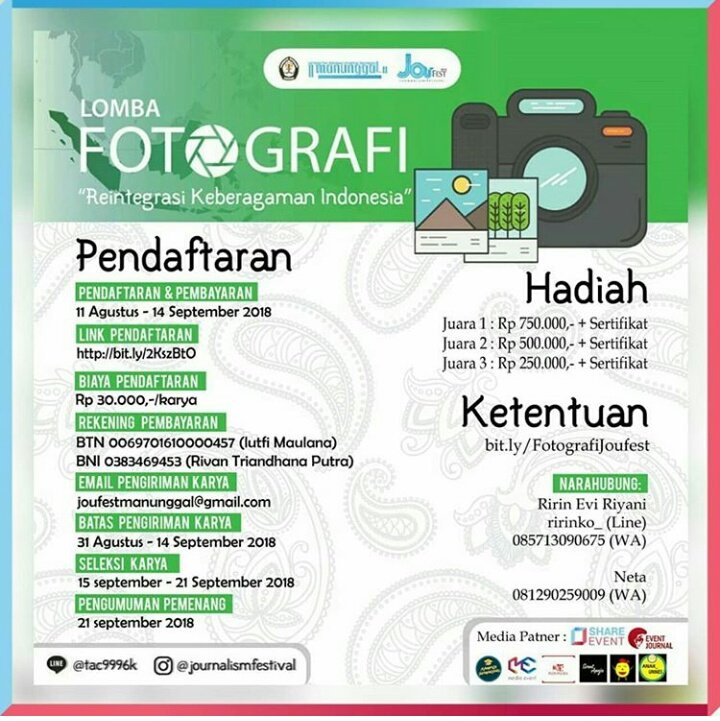 ShareEvent_'s tweet photo. #ShareEvent @journalismfestival
.
.
[LOMBA VIDEOGRAFI, INFOGRAFIS DAN FOTOGRAFI]
.
Ririn: ririnko_ (LINE)/ 085713090675 (WA)
Neta: 081290259009 (LINE/WA)
__________________

Line: @tac9996k
Instagram: @journalismfestival

JOURNALISM FESTIVAL 2018
Reintegrasi Keberagaman Indonesia https://t.co/uvPmAiG77X