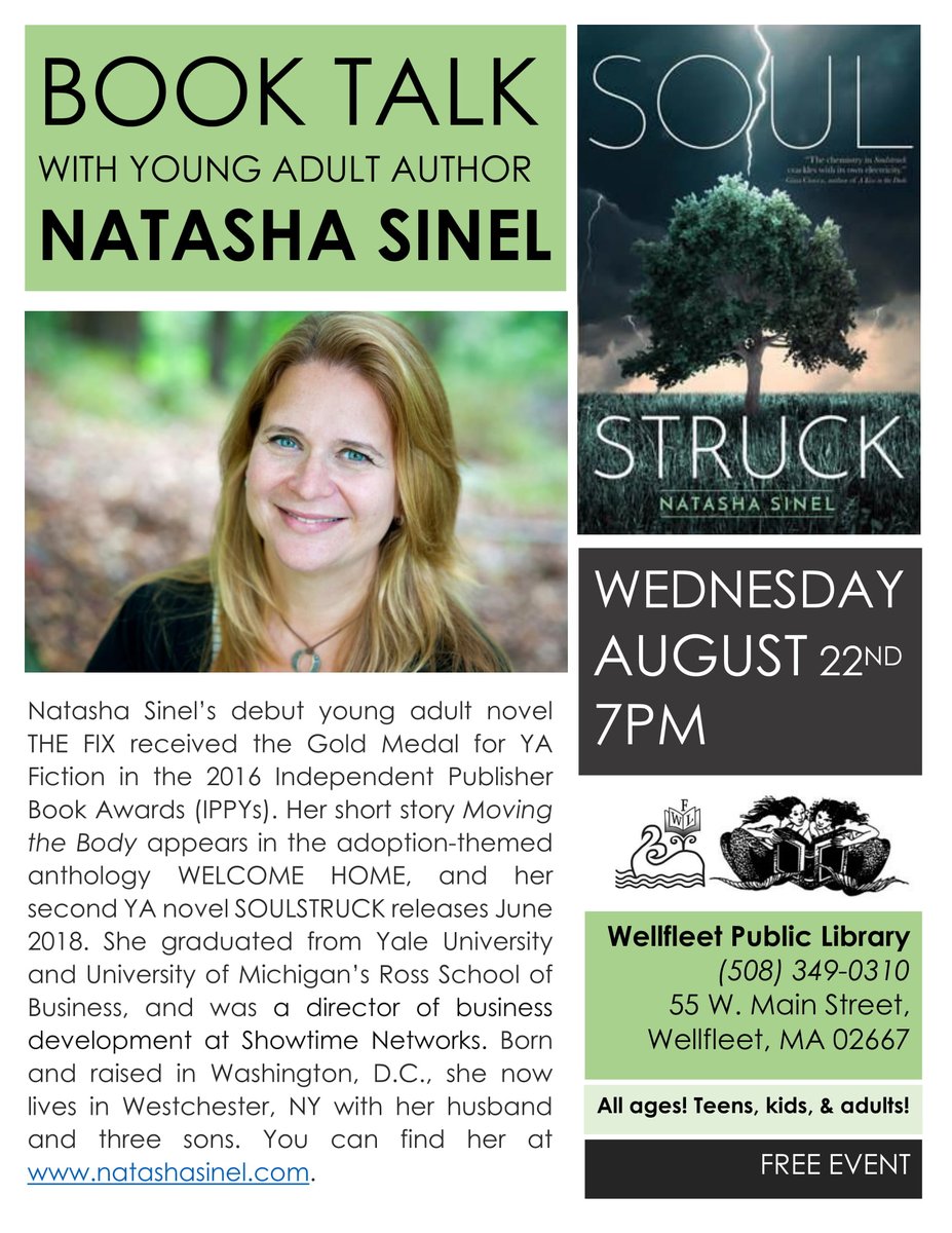 Come hear YA author, @natashasinel present her new book, Soulstruck, at the Library - 7PM, tonight (8/22). This is a free event. Books will be available for purchase and signing.