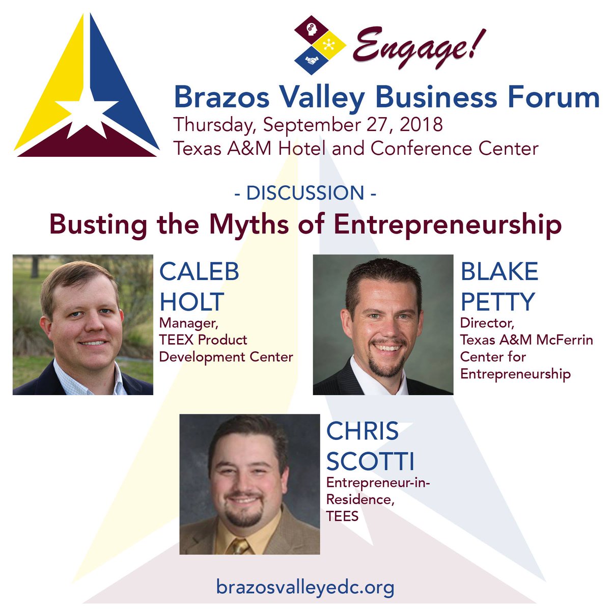 Come see center manager Caleb Holt speak at the Brazos Valley Business Forum September 27, 2018! 

"Busting the Myths of Entrepreneurship"