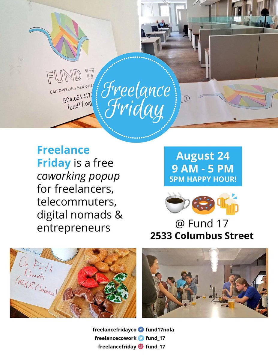 Be the first to try <a href="/fund_17/">Fund 17</a>'s new shared workspace this Friday at the <a href="/freelancecowork/">Freelance Friday</a> meetup! A special Summer Happy Hour will follow with drinks from local brands and food from <a href="/VeggieNola/">VeggieNola</a> #FreelanceFriday meetu.ps/e/FDw23/qbV6n/d