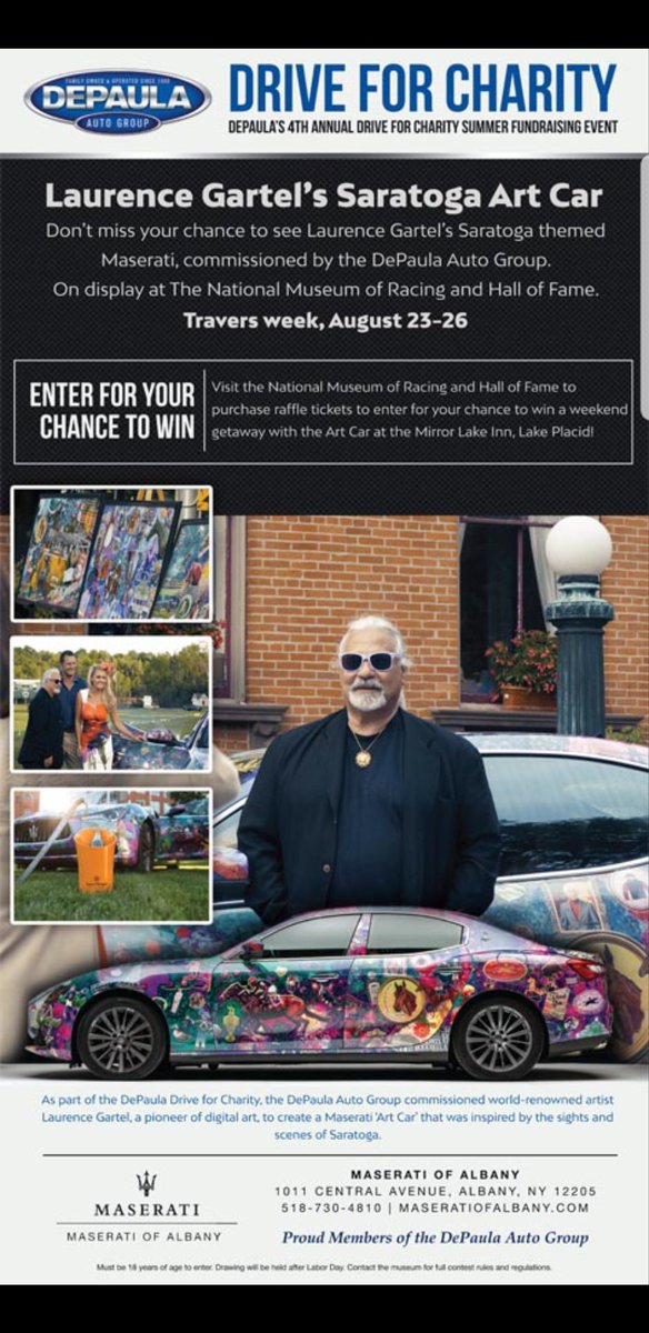 GARTEL's tweet photo. #GARTEL #Maseratl #ArtCar featured at the #NationalRacingMuseum & #HallofFame this week for the #TraversStakes #Saratoga sponsored by #DePaulaDriveForCharity https://t.co/ELzGJIIYOc
