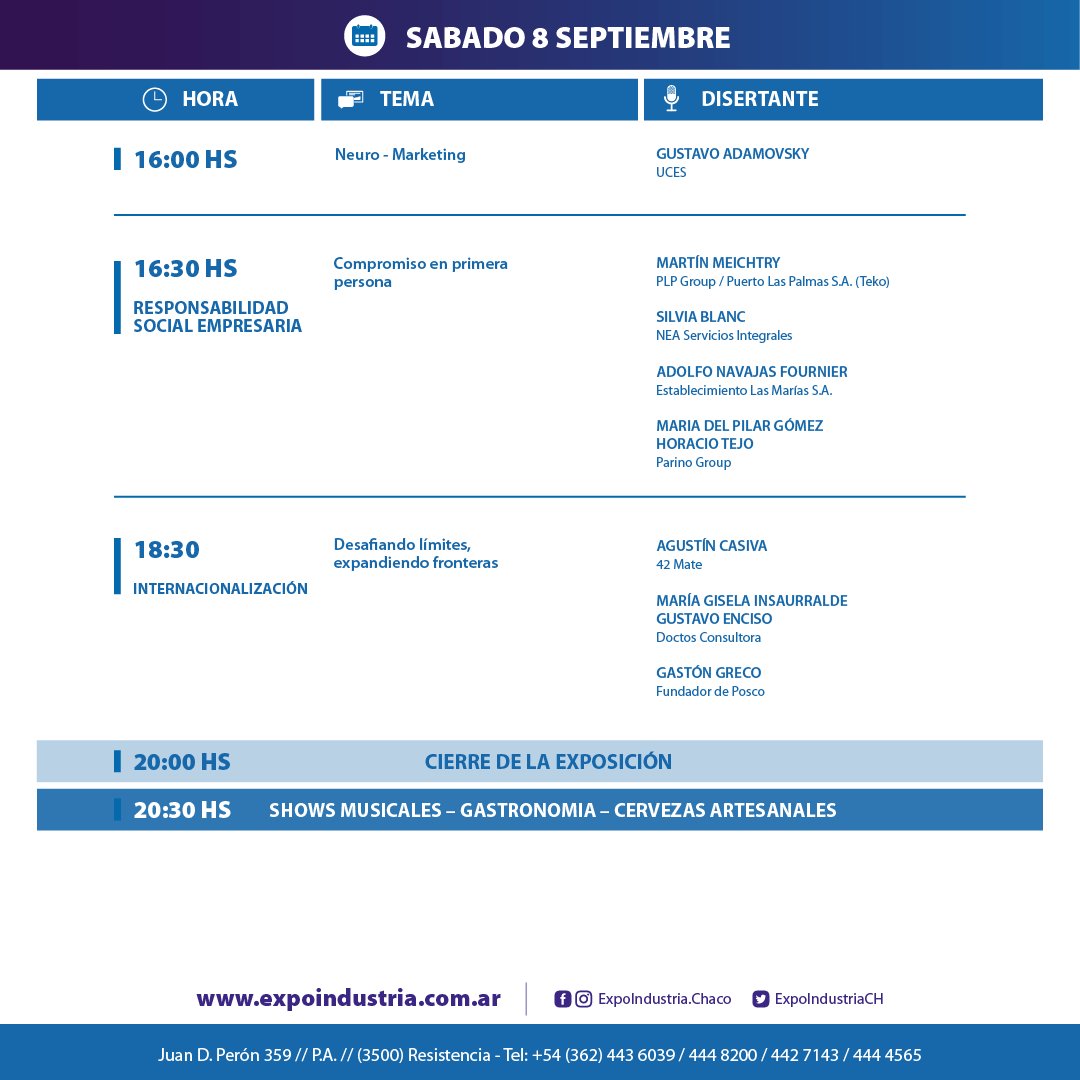 Conocé el #Programa de la #ExpoIndustriaChaco2018. ⚙ Exposición Indoor, 🤝 Ronda de Negocios y Vinculaciones, 👩‍💼 Paneles y Conferencias, ✒ Foro Regional, 🥘 Gastronomía, 🍻 Cerveza Artesanal, 🎵 Música y 🚩 Eventos en dos días donde la Industria se muestra a pleno. 🇦🇷🇵🇾