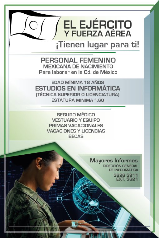fefssipn's tweet photo. ¡Atención! #AlumnaIPN #EgresadaIPN, con deseo de servir a la patria, la Secretaria de la Defensa Nacional te invita a ser parte del Ejército y Fuerza Aérea Mexicana, si tu perfil es afín a Tecnologías de la Información aplica. ¡No pierdas tu oportunidad! https://t.co/VMYguFLnS7