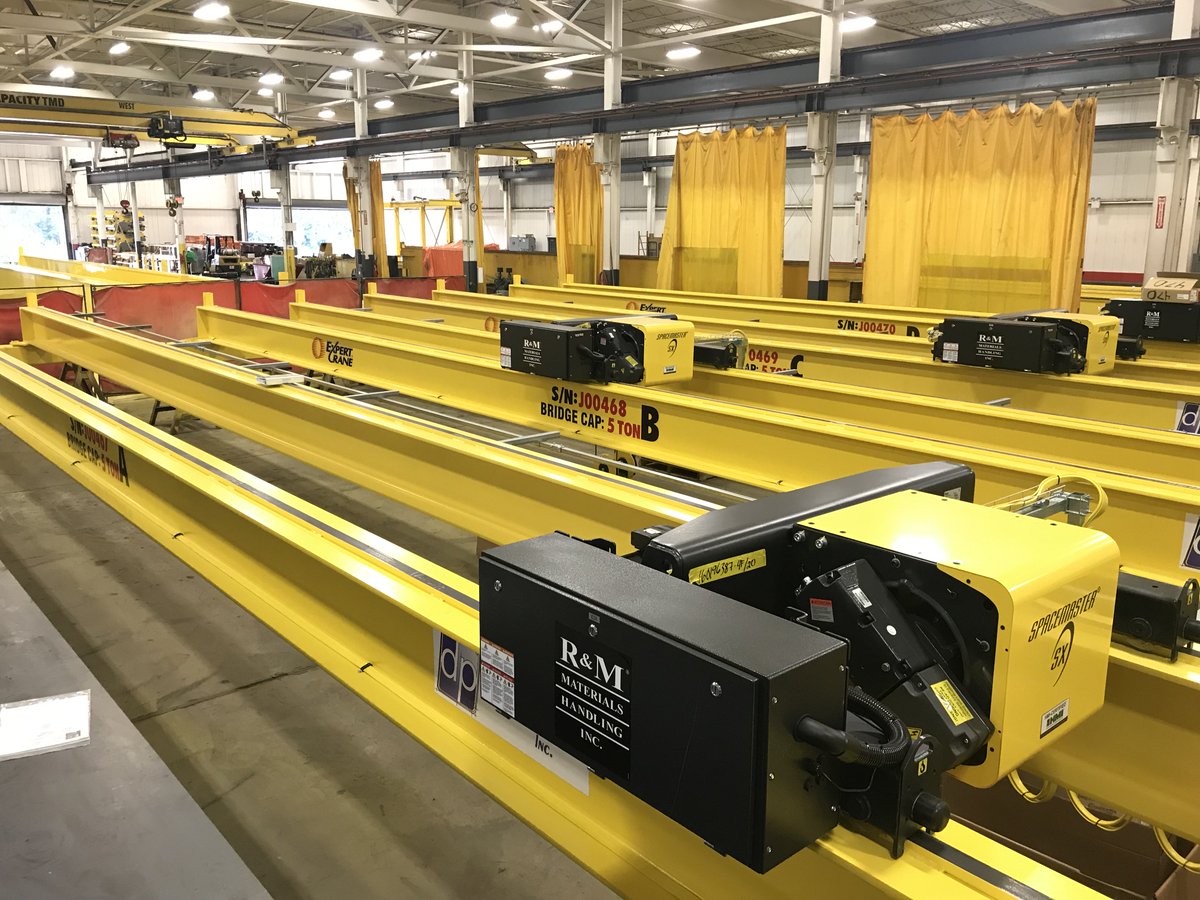 Finishing up (4) 5-Ton Top Running Double Girder <a href="/RMHoist/">R&M Materials Handling</a> kit cranes.  We are also installing runway rail and @CXW_Group conductor bar on two runway systems for these cranes.  This all for a great customer and vendor <a href="/DPriceMetalServ/">DavidPriceMetalServ.</a>. #relationships 🤝