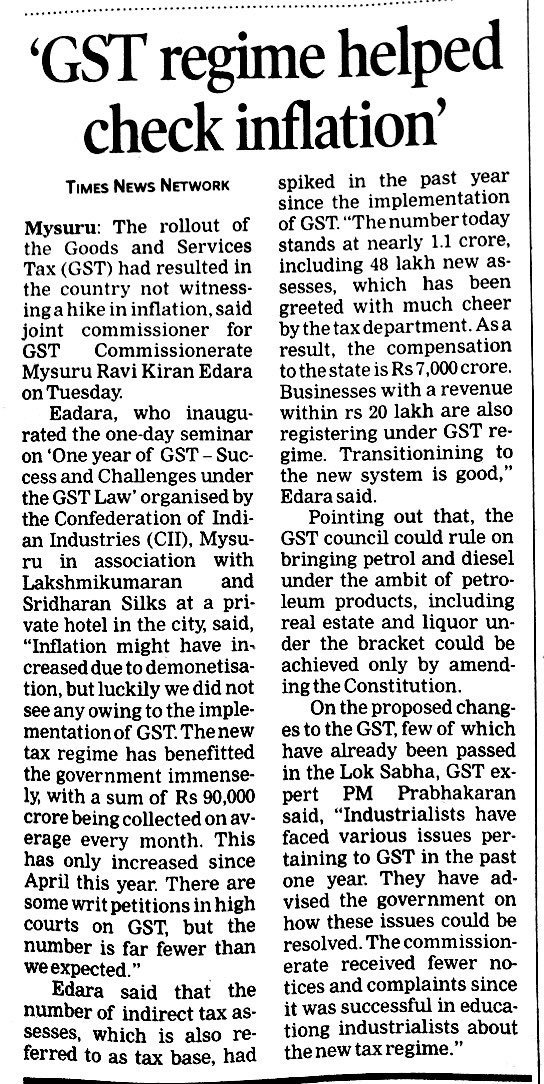 One Day Seminar on “One year of GST- Success and Challenges under the Goods &amp; Services Tax Law” organised by CII on 21 August 2018 - Joint Commissioner, GST, Sri Ravi Kiran Edara, inaugurated the session as Chief Guest
