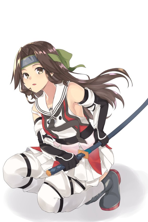jintsuu (kancolle) 1girl solo long hair brown hair weapon sword gloves  illustration images