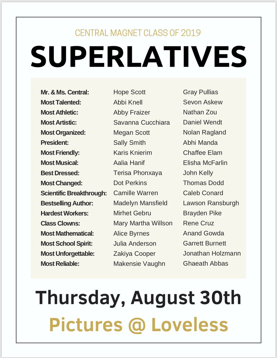 Correction: Senior Superlative pictures will take place on Thursday, August 30th at Loveless.