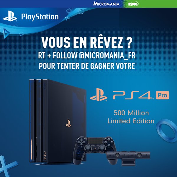Micromania_Fr's tweet image. Vous avez manqué la PS4 Pro 2To 500 millions ? On vous propose de la gagner 🎁 ! Pour remporter votre console rien de plus simple, RT + Follow @Micromania_Fr ! Tirage au sort le 27/08 !