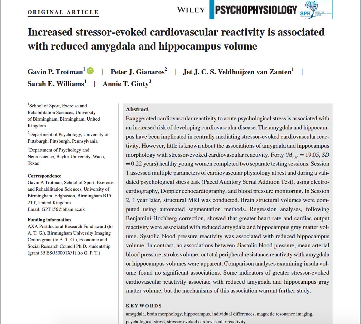 GavinTrotman's tweet photo. **Just Published** We find increased stressor‐evoked cardiovascular reactivity is associated with reduced amygdala and hippocampus volume - Trotman et al 2018 -Psychophysiology - #OpenAccess @ESRC @UBSportExR https://t.co/ukbFncg6Rx https://t.co/0OGlEcDAYE
