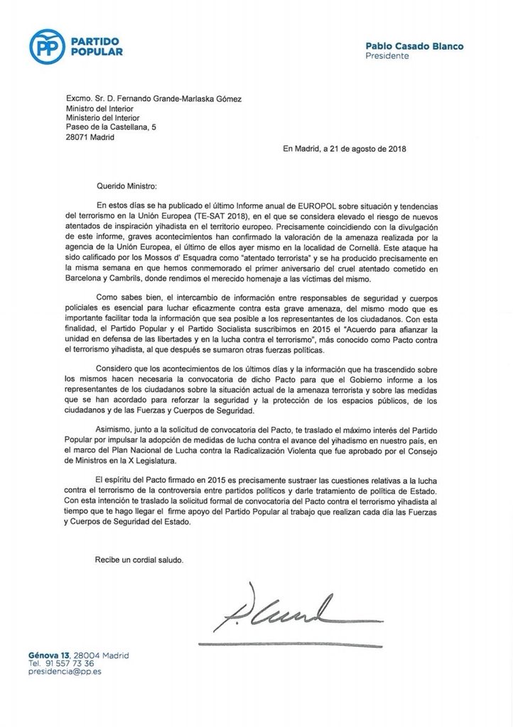 El presidente del <a href="/PPopular/">Partido Popular</a> <a href="/pablocasado_/">Pablo Casado Blanco</a> ha solicitado al gobierno de España una reunión para abordar el pacto antiterrorista, por cierto sin contestación alguna ❌.