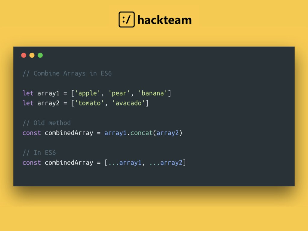 gethackteam's tweet image. Easily combine arrays using #ES6? You can use the Spread Operator for this, also explained here in this CodePen: codepen.io/royderks/pen/w…

#javascript #javascriptEverywhere