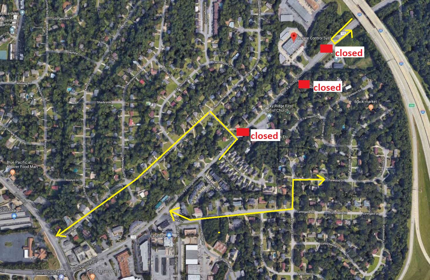 Hoover Police Dept Traffic Alert Rocky Ridge Rd Accident Rocky Ridge Rd Closed Both Directions From Hayesmont Rd To I 65 Detour Rocky Ridge To Hayesmont Rd To Chapel Hill