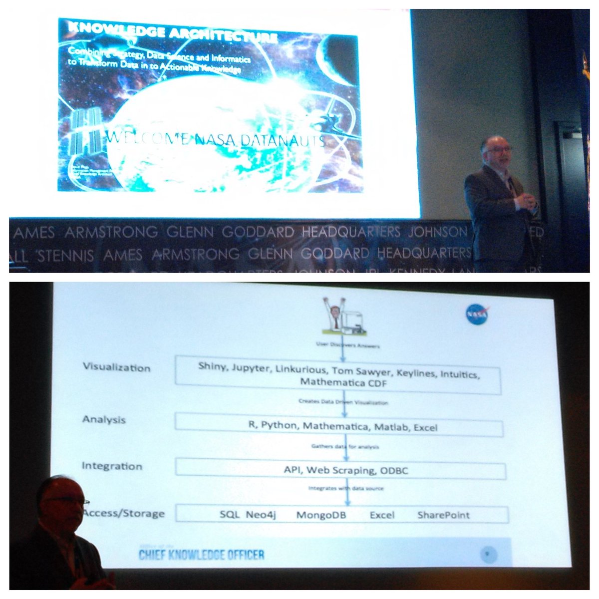ckwill36's tweet image. Great #NASADatanauts opening talk by @davidmeza1 abt #KnowledgeArchitecture, a combination of strategy+data science+informatics 2 transform data into #ActionableKnowledge & what r the tools to use.
it's an essential skill 4 informed citizen in the era of big data & open research